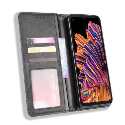 Samsung Galaxy XCover Pro (G715) Vintage juodas odinis atverčiamas dėklas - knygutė su magnetu | Priedai.lt