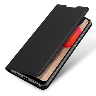 Dux Ducis Skin serijos Samsung Galaxy A02s A025 (166.5x75.9x9.2mm)  juodas odinis atverčiamas dėklas | Priedai.lt