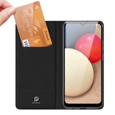 Dux Ducis Skin serijos Samsung Galaxy A02s A025 (166.5x75.9x9.2mm)  juodas odinis atverčiamas dėklas | Priedai.lt