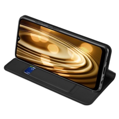 Dux Ducis Skin serijos Samsung Galaxy A02s A025 (166.5x75.9x9.2mm)  juodas odinis atverčiamas dėklas | Priedai.lt