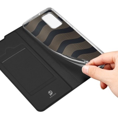 Dux Ducis Skin serijos Samsung Galaxy A02s A025 (166.5x75.9x9.2mm)  juodas odinis atverčiamas dėklas | Priedai.lt