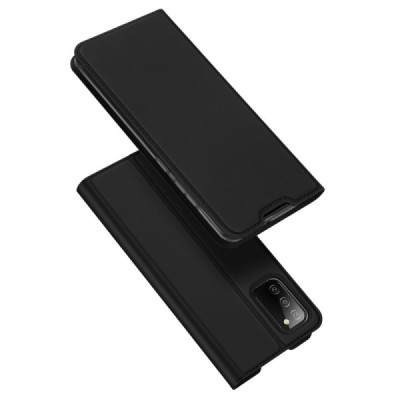 Dux Ducis Skin serijos Samsung Galaxy A02s A025 (166.5x75.9x9.2mm)  juodas odinis atverčiamas dėklas | Priedai.lt