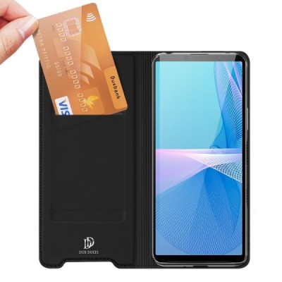 „Dux Ducis“ Skin serijos Sony Xperia 10 III juodas odinis atverčiamas dėklas | Priedai.lt