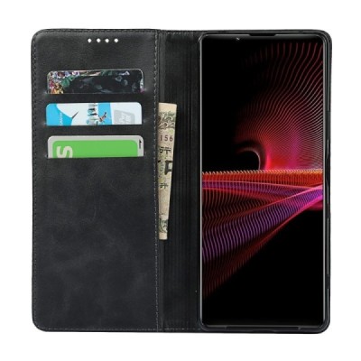 Sony Xperia 1 III „Split“ juodas odinis atverčiamas dėklas - knygutė | Priedai.lt