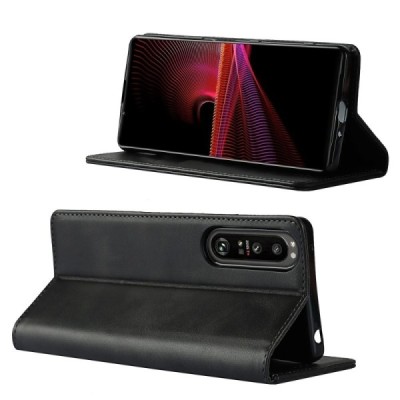 Sony Xperia 1 III „Split“ juodas odinis atverčiamas dėklas - knygutė | Priedai.lt