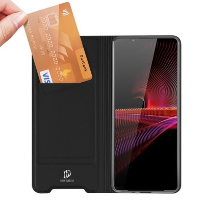 „Dux Ducis“ Skin serijos Sony Xperia 1 III juodas odinis atverčiamas dėklas | Priedai.lt