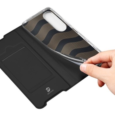 „Dux Ducis“ Skin serijos Sony Xperia 1 III juodas odinis atverčiamas dėklas | Priedai.lt
