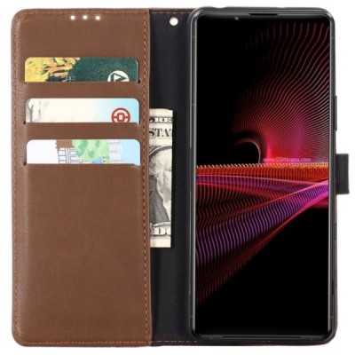 Sony Xperia 10 III atverčiamas tamsiai rudos spalvos odinis retro dėklas - piniginė | Priedai.lt