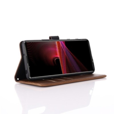 Sony Xperia 10 III atverčiamas tamsiai rudos spalvos odinis retro dėklas - piniginė | Priedai.lt