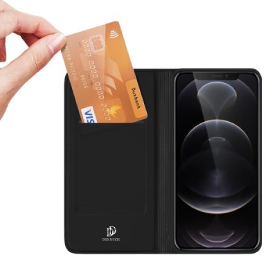 „Dux Ducis“ Skin serijos Apple iPhone 13 Pro Max juodas odinis atverčiamas dėklas | Priedai.lt