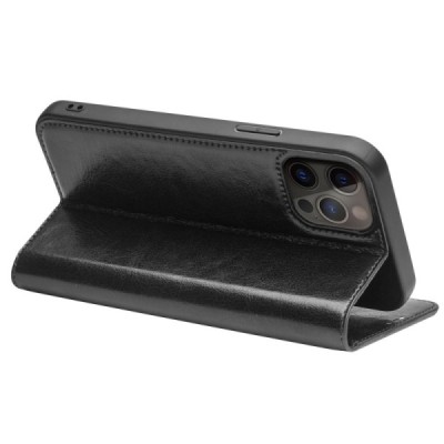 Apple iPhone 13 Pro „QIALINO“ atverčiamas juodas odinis dėklas - knygutė | Priedai.lt