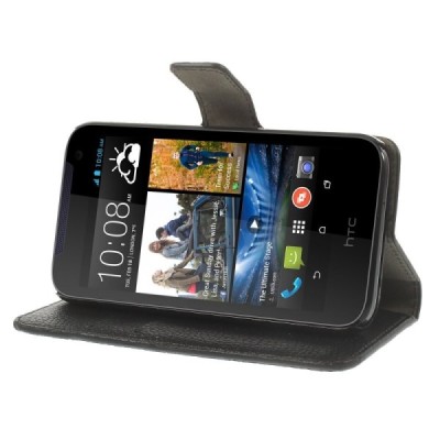 HTC Desire 310 atverčiamas juodas odinis dėklas - piniginė / Priedai.lt