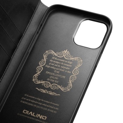 Apple iPhone 13 Mini „QIALINO“ atverčiamas juodas odinis dėklas - knygutė | Priedai.lt