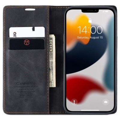 Apple iPhone 13 Pro Max CaseMe Retro solidus atverčiamas juodas odinis dėklas - knygutė | Priedai.lt