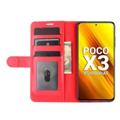 Xiaomi Poco X3 (X3 Pro) atverčiamas raudonas odinis dėklas, knygutė - piniginė | Priedai.lt