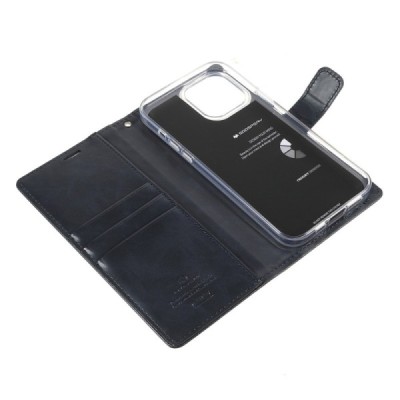 Mercury Blue Moon atverčiamas Apple iPhone 13 Pro Max juodas odinis dėklas - piniginė | Priedai.lt