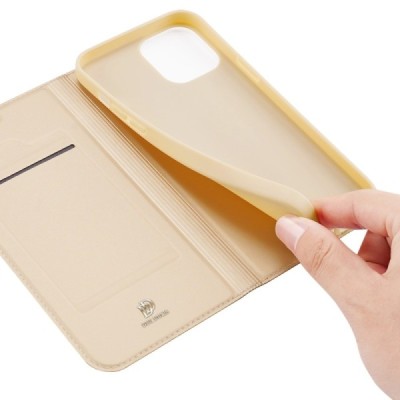 „Dux Ducis“ Skin serijos Apple iPhone 13 Pro Max auksinis odinis atverčiamas dėklas | Priedai.lt