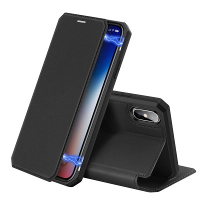 Dux Ducis Skin X serijos Apple iPhone X (iPhone Xs) juodas odinis atverčiamas dėklas | Priedai.lt