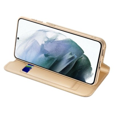 „Dux Ducis“ Skin serijos Samsung Galaxy S21 FE (Fan Edition) 5G auksinis odinis atverčiamas dėklas | Priedai.lt