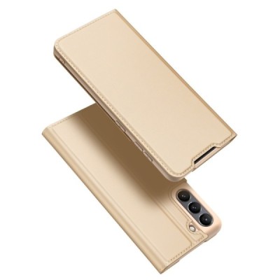 „Dux Ducis“ Skin serijos Samsung Galaxy S21 FE (Fan Edition) 5G auksinis odinis atverčiamas dėklas | Priedai.lt