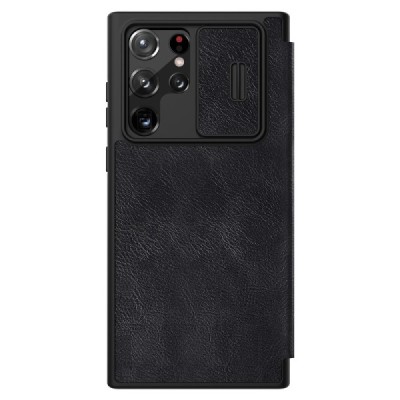 Samsung Galaxy S22 Ultra 5G (SM-S908X) prabangus Nillkin Qin serijos juodas odinis atverčiamas dėklas - knygutė | Priedai.lt