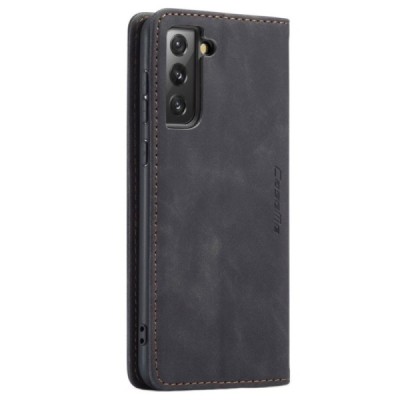 Samsung Galaxy S21 FE (Fan Edition) 5G CaseMe Retro solidus atverčiamas juodas odinis dėklas - knygutė | Priedai.lt