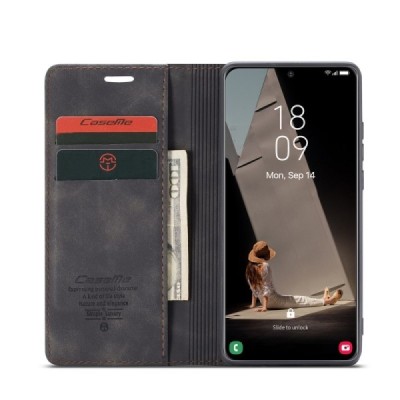 Samsung Galaxy S21 FE (Fan Edition) 5G CaseMe Retro solidus atverčiamas juodas odinis dėklas - knygutė | Priedai.lt