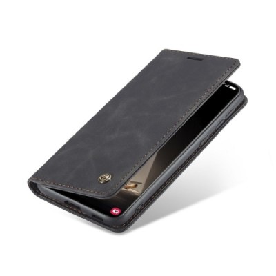 Samsung Galaxy S21 FE (Fan Edition) 5G CaseMe Retro solidus atverčiamas juodas odinis dėklas - knygutė | Priedai.lt
