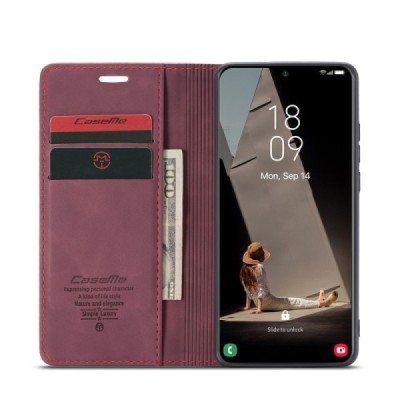 Samsung Galaxy S21 FE (Fan Edition) 5G CaseMe Retro solidus atverčiamas bordo odinis dėklas - knygutė | Priedai.lt
