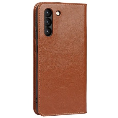 Samsung Galaxy S21 FE (Fan Edition) 5G Solidus šviesiai rudas odinis atverčiamas dėklas - knygutė | Priedai.lt