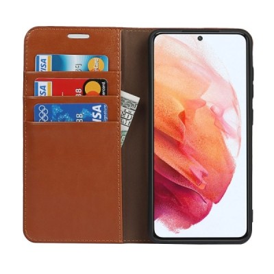Samsung Galaxy S21 FE (Fan Edition) 5G Solidus šviesiai rudas odinis atverčiamas dėklas - knygutė | Priedai.lt