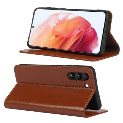 Samsung Galaxy S21 FE (Fan Edition) 5G Solidus šviesiai rudas odinis atverčiamas dėklas - knygutė | Priedai.lt