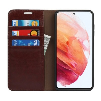 Samsung Galaxy S21 FE (Fan Edition) 5G Solidus tamsiai rudas odinis atverčiamas dėklas - knygutė | Priedai.lt