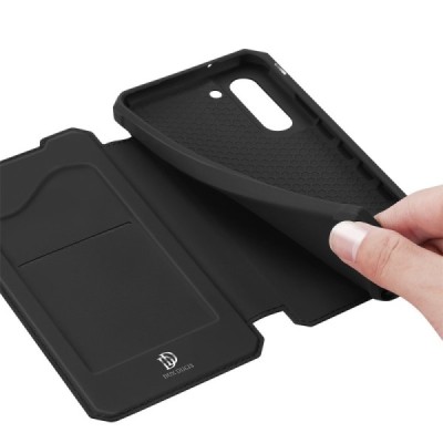 Dux Ducis Skin X serijos Samsung Galaxy S21 FE (Fan Edition) 5G juodas odinis atverčiamas dėklas | Priedai.lt