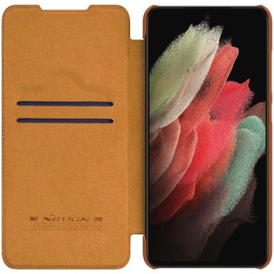Samsung Galaxy S21 FE (Fan Edition) 5G prabangus Nillkin Qin serijos rudas odinis atverčiamas dėklas - knygutė | Priedai.lt
