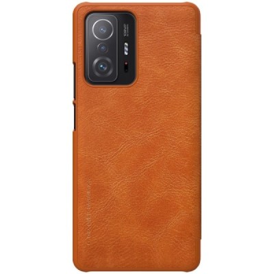 Xiaomi 11T (11T Pro) prabangus Nillkin Qin serijos rudas odinis atverčiamas dėklas - knygutė | Priedai.lt