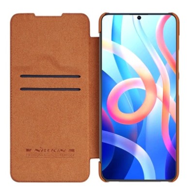 Xiaomi Poco M4 Pro (Redmi Note 11 5G) prabangus Nillkin Qin serijos rudas odinis atverčiamas dėklas - knygutė | Priedai.lt