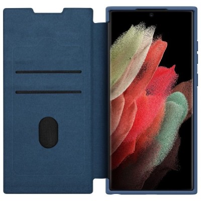 Samsung Galaxy S22 Ultra 5G (SM-S908X) prabangus Nillkin Qin Pro serijos mėlynas odinis atverčiamas dėklas - knygutė | Priedai.l