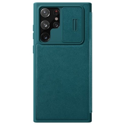 Samsung Galaxy S22 Ultra 5G (SM-S908X) prabangus Nillkin Qin Pro serijos žalias odinis atverčiamas dėklas - knygutė | Priedai.lt