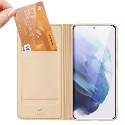 „Dux Ducis“ Skin serijos Samsung Galaxy S22+ 5G (SM-S906X) auksinis odinis atverčiamas dėklas | Priedai.lt