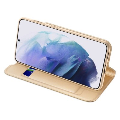 „Dux Ducis“ Skin serijos Samsung Galaxy S22+ 5G (SM-S906X) auksinis odinis atverčiamas dėklas | Priedai.lt