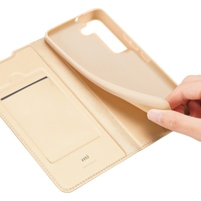 „Dux Ducis“ Skin serijos Samsung Galaxy S22+ 5G (SM-S906X) auksinis odinis atverčiamas dėklas | Priedai.lt