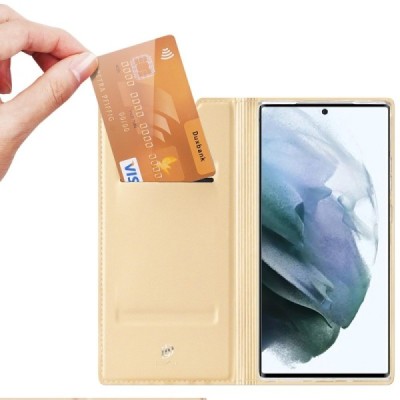 „Dux Ducis“ Skin serijos Samsung Galaxy S22 Ultra 5G (SM-S908X) auksinis odinis atverčiamas dėklas | Priedai.lt
