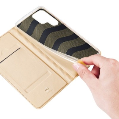 „Dux Ducis“ Skin serijos Samsung Galaxy S22 Ultra 5G (SM-S908X) auksinis odinis atverčiamas dėklas | Priedai.lt