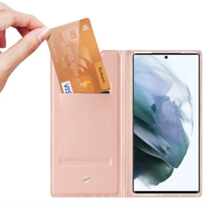 „Dux Ducis“ Skin serijos Samsung Galaxy S22 Ultra 5G (SM-S908X) rožinis odinis atverčiamas dėklas | Priedai.lt