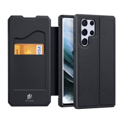 Dux Ducis Skin X serijos Samsung Galaxy S22 Ultra 5G (SM-S908X) juodas odinis atverčiamas dėklas | Priedai.lt