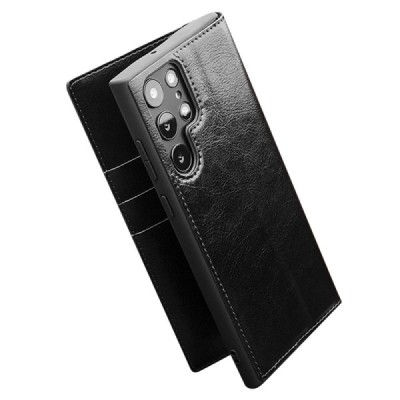 Samsung Galaxy S22 Ultra 5G (SM-S908X) „QIALINO“ atverčiamas juodas odinis dėklas - knygutė | Priedai.lt