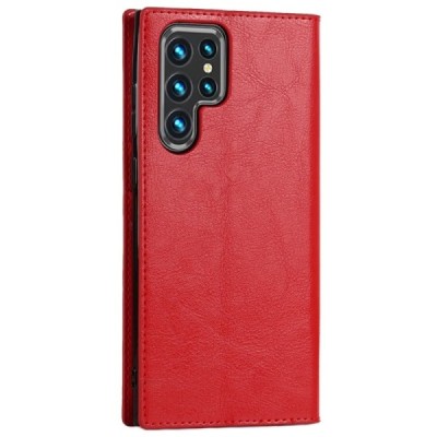 „Deluxe“ Samsung Galaxy S22 Ultra 5G (SM-S908X) raudonas odinis atverčiamas dėklas | Priedai.lt