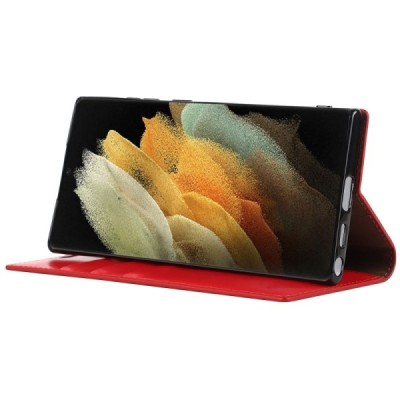 „Deluxe“ Samsung Galaxy S22 Ultra 5G (SM-S908X) raudonas odinis atverčiamas dėklas | Priedai.lt