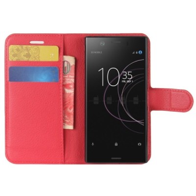 Sony Xperia XZ1 Compact atverčiamas raudonas odinis Litchi dėklas - piniginė / Priedai.lt